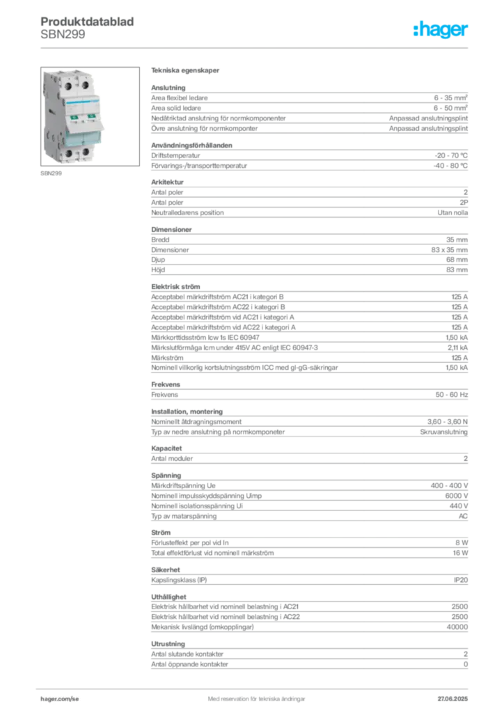 Bild Hager Produktdatablad SBN299 | Hager Sverige
