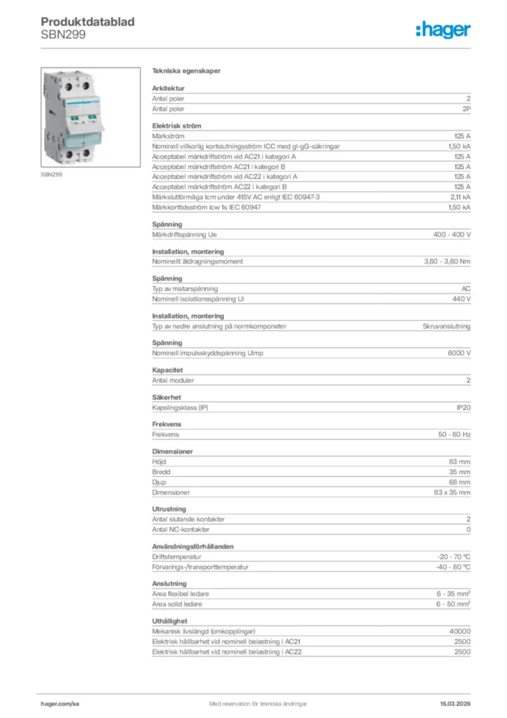 Bild Hager Produktdatablad SBN299 | Hager Sverige