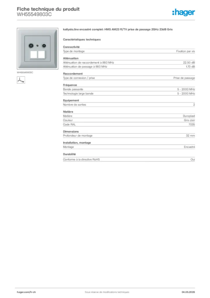 Image Hager Fiche technique du produit WH55549803C | Hager Suisse