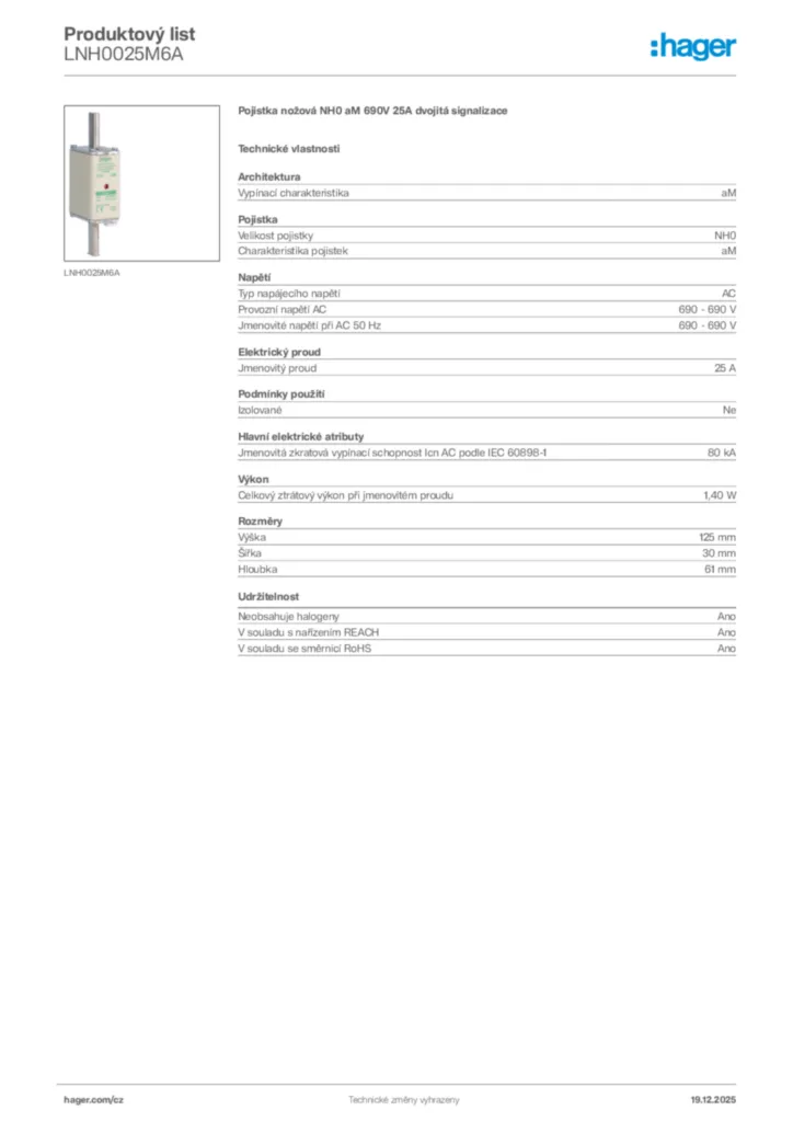 Obrázek Hager Produktový list LNH0025M6A | Hager