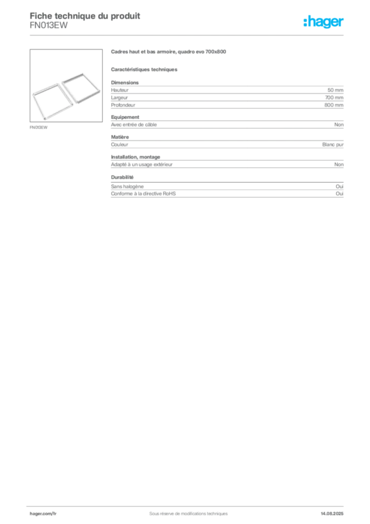 Image Hager Fiche technique du produit FN013EW | Hager France