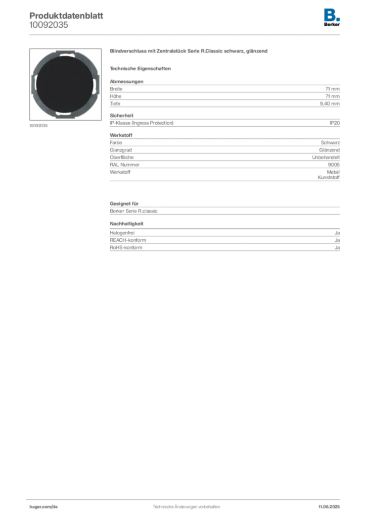 Bild Berker Produktdatenblatt 10092035 | Hager Deutschland