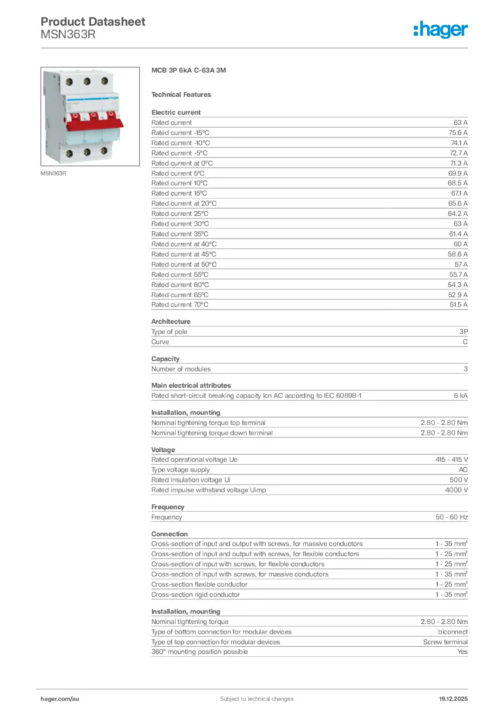 Image Hager Product data sheet MSN363R  | Hager Australia