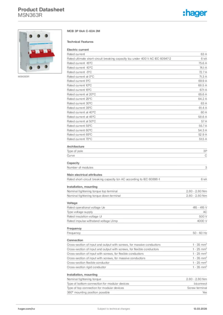 Image Hager Product data sheet MSN363R  | Hager New Zealand