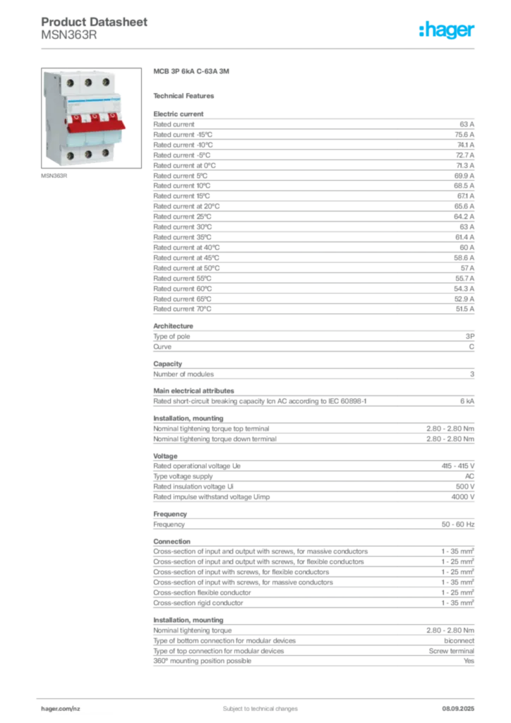 Image Hager Product data sheet MSN363R  | Hager New Zealand