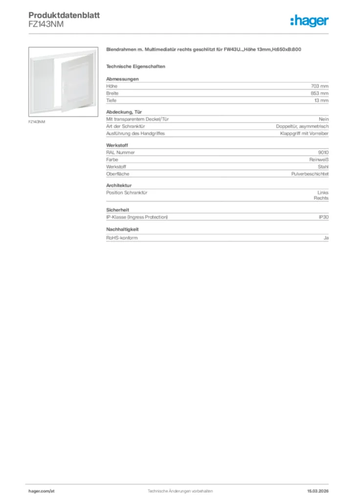Bild Hager Produktdatenblatt FZ143NM | Hager Deutschland