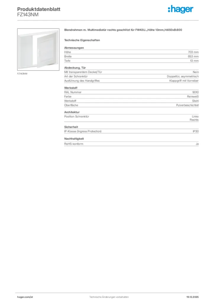 Bild Hager Produktdatenblatt FZ143NM | Hager Deutschland