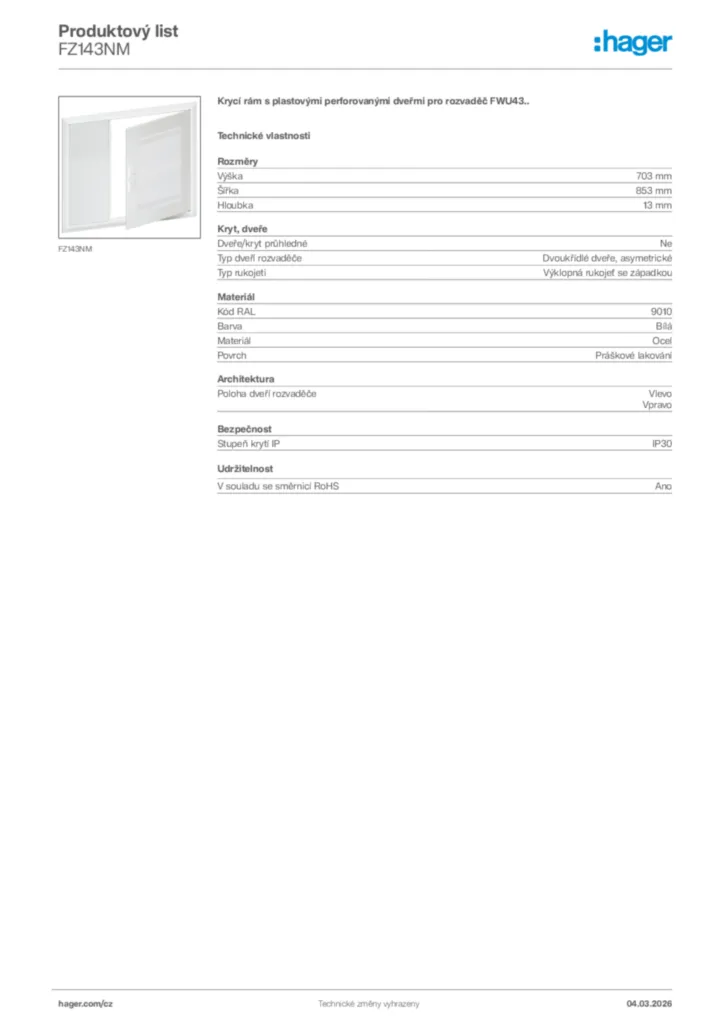 Obrázek Hager Product data sheet FZ143NM | Hager