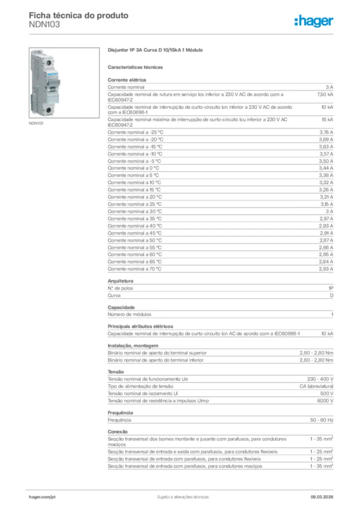 Imagem Hager Ficha técnica do produto NDN103 | Hager Portugal