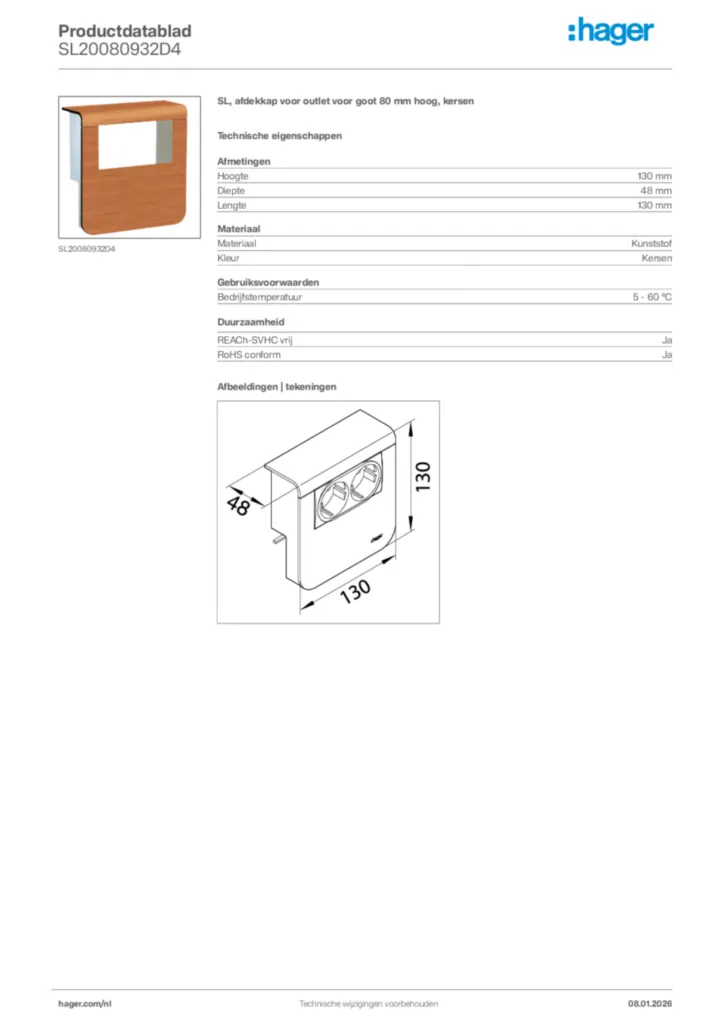 Afbeelding Hager Productdatablad SL20080932D4 | Hager Nederland