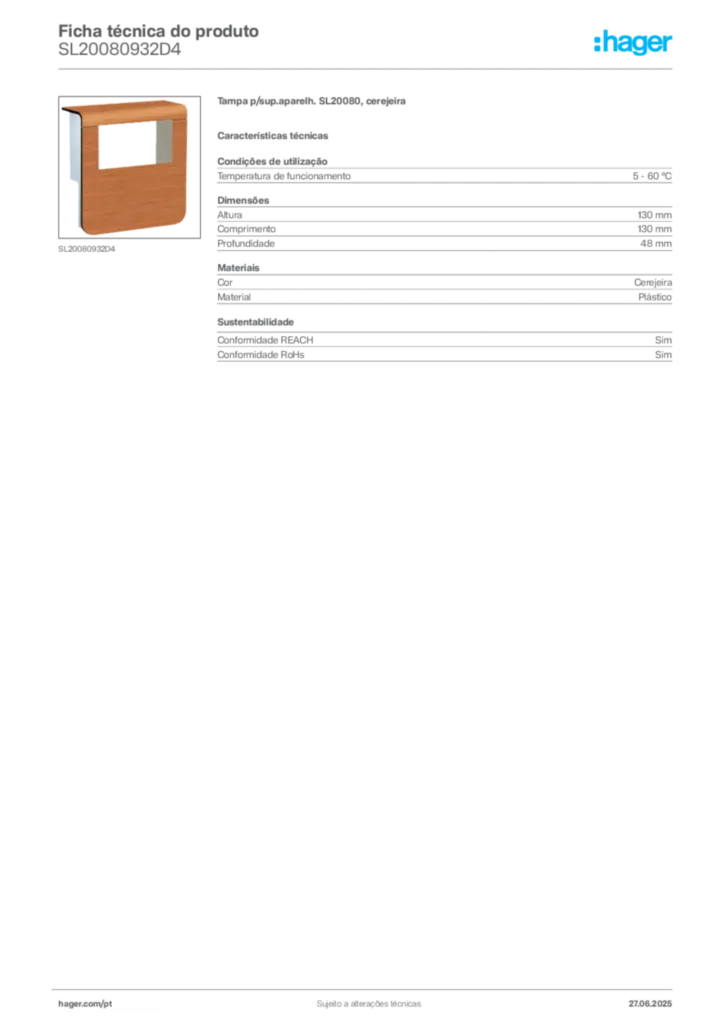 Imagem Hager Ficha técnica do produto SL20080932D4 | Hager Portugal