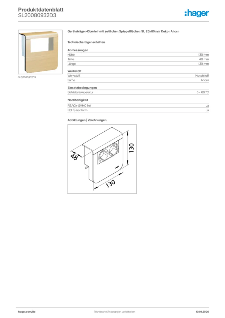 Hager Produktdatenblatt SL20080932D3