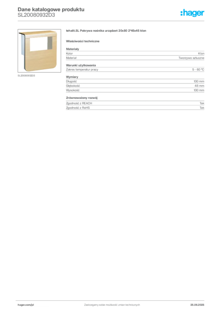 Zdjęcie Hager Karta katalogowa SL20080932D3 | Hager Polska