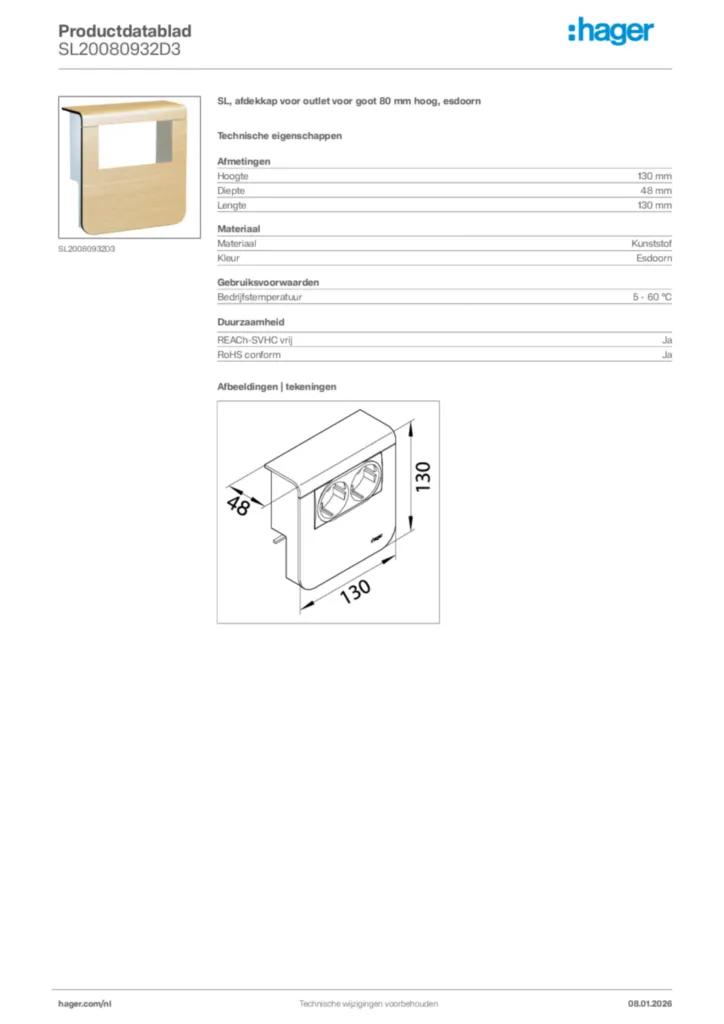 Afbeelding Hager Productdatablad SL20080932D3 | Hager Nederland