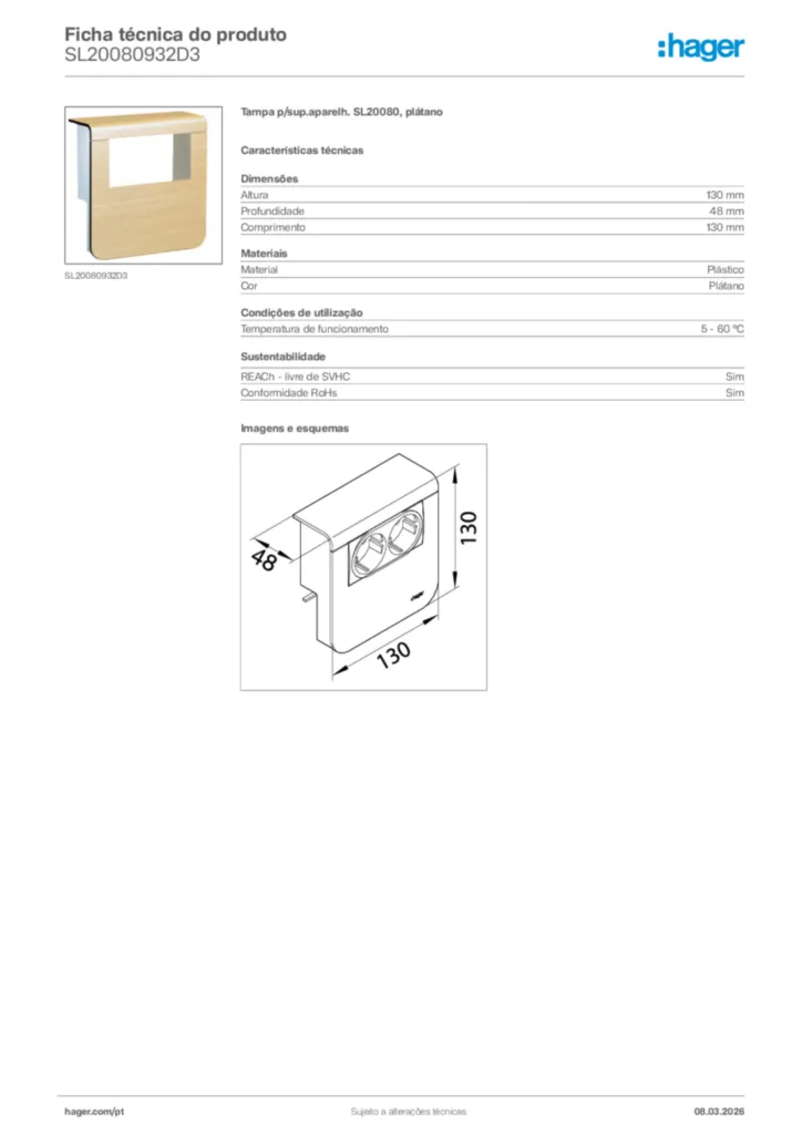Imagem Hager Ficha técnica do produto SL20080932D3 | Hager Portugal
