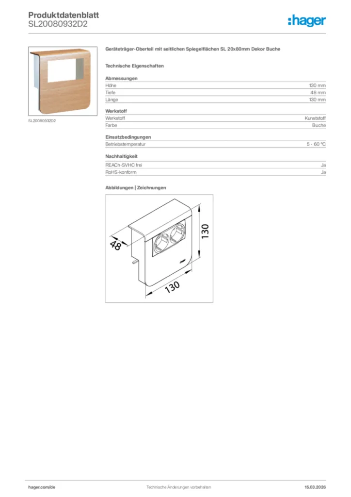Bild Hager Produktdatenblatt SL20080932D2 | Hager Deutschland
