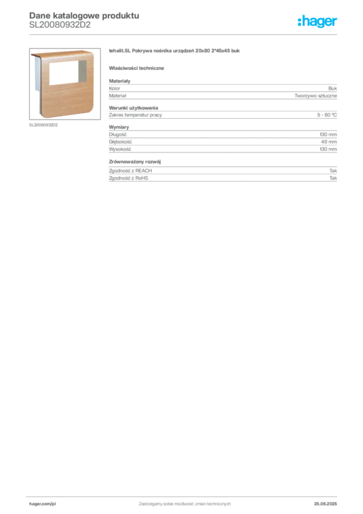 Zdjęcie Hager Karta katalogowa SL20080932D2 | Hager Polska