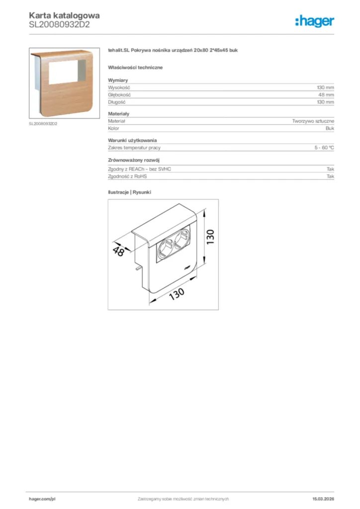 Zdjęcie Hager Karta katalogowa SL20080932D2 | Hager Polska