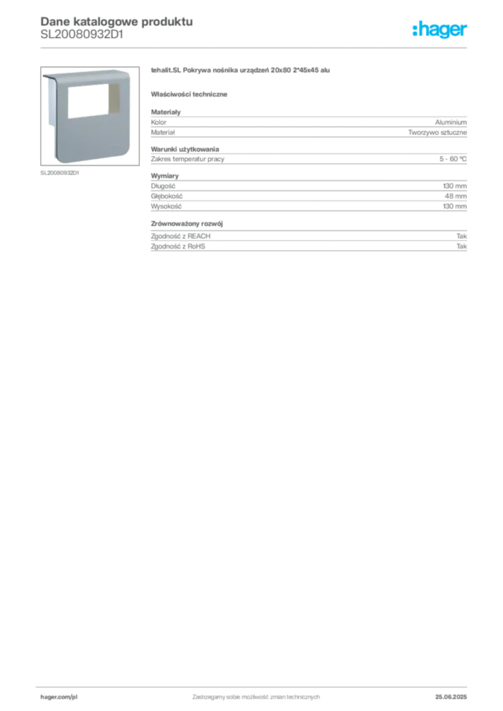 Zdjęcie Hager Karta katalogowa SL20080932D1 | Hager Polska