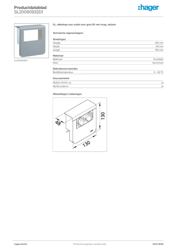Afbeelding Hager Productdatablad SL20080932D1 | Hager Nederland