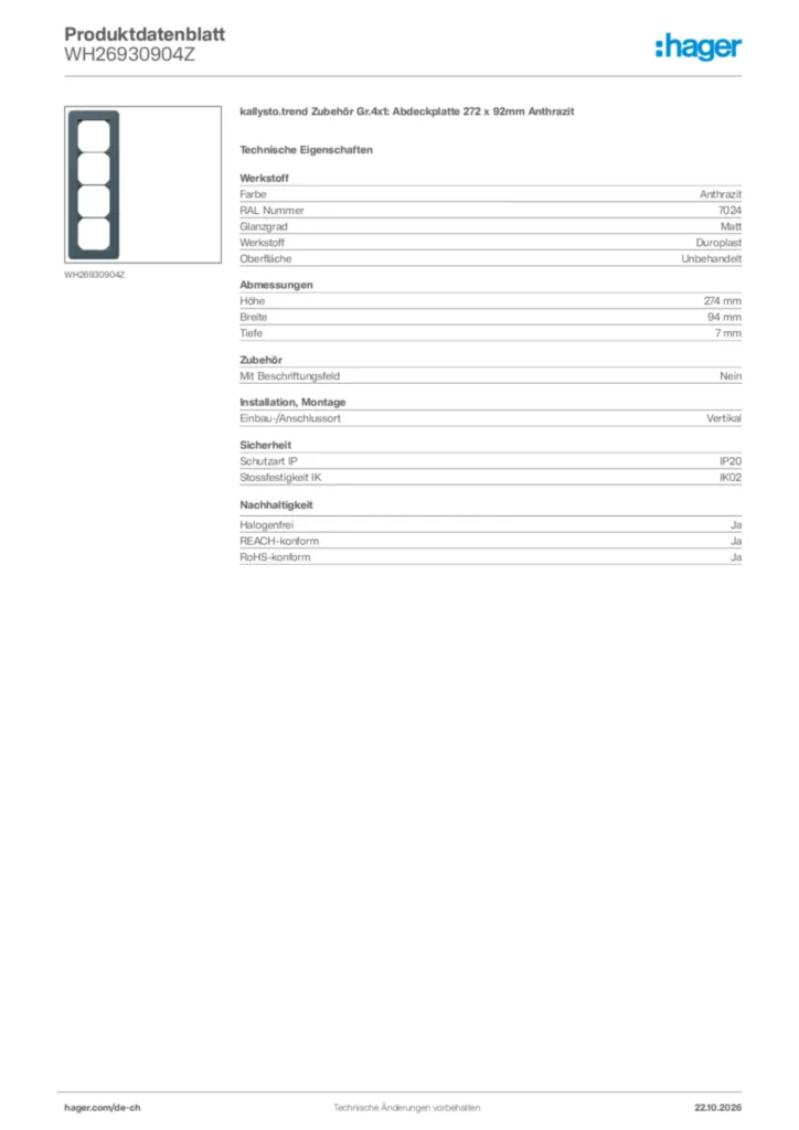 Bild Hager Produktdatenblatt WH26930904Z | Hager Schweiz