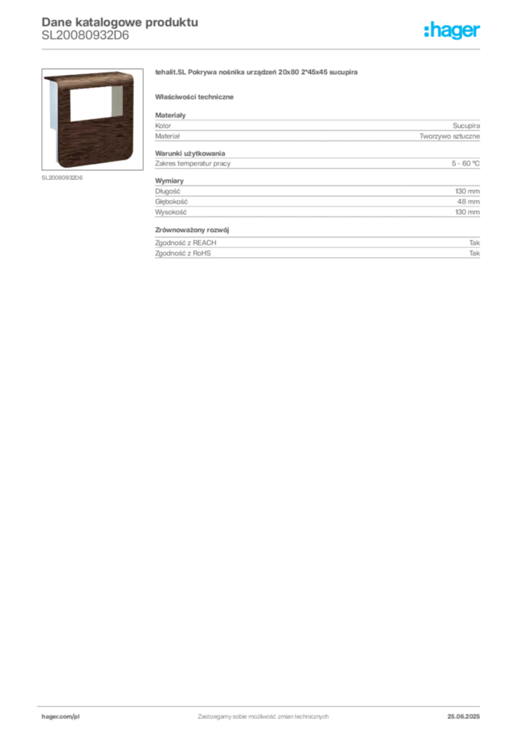 Zdjęcie Hager Karta katalogowa SL20080932D6 | Hager Polska