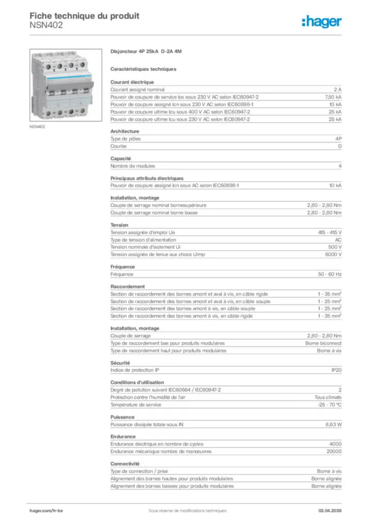 Image Hager Fiche technique du produit NSN402 | Hager Belgique