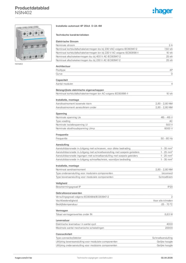 Afbeelding Hager Productdatablad NSN402 | Hager Belgium