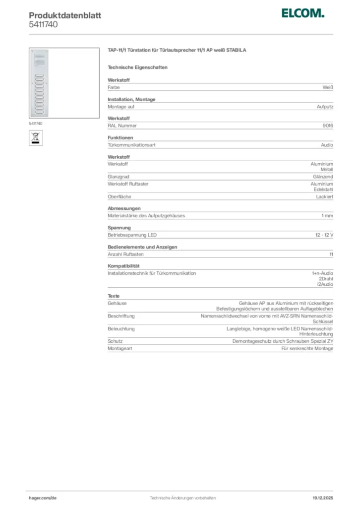 Bild Elcom Produktdatenblatt 5411740 | Hager Deutschland