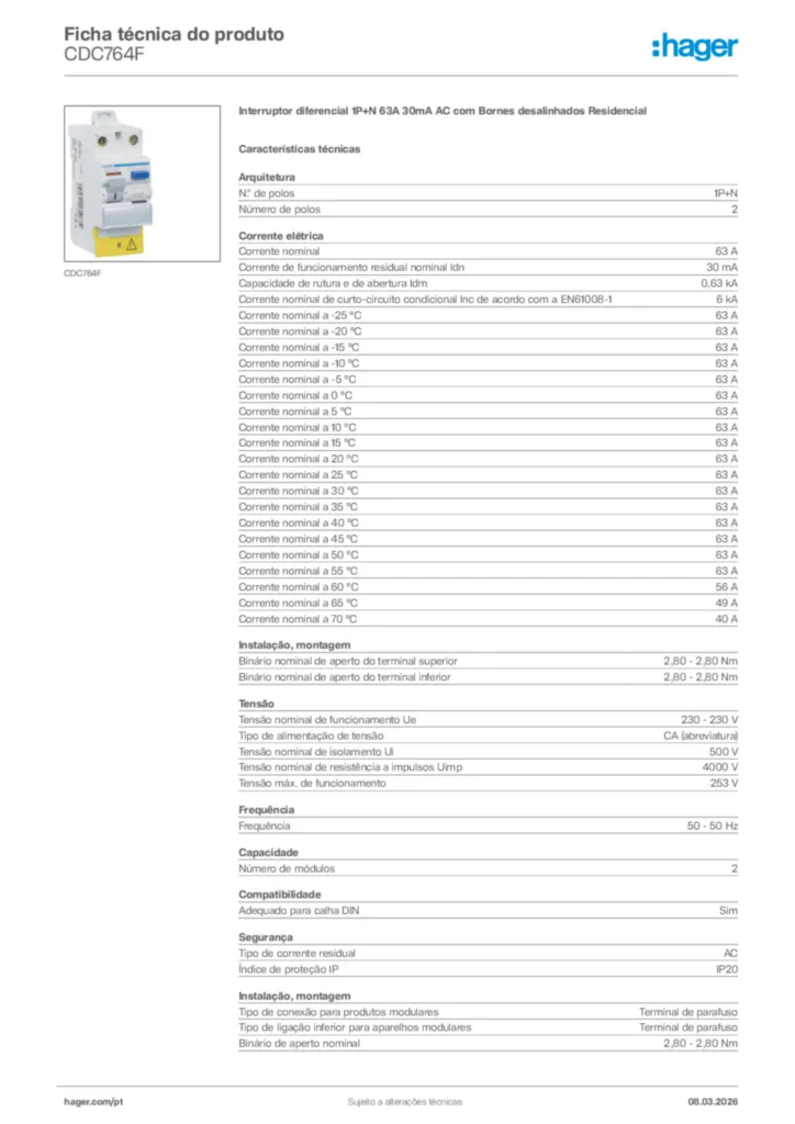 Imagem Hager Ficha técnica do produto CDC764F | Hager Portugal