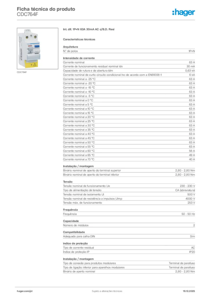 Imagem Hager Ficha técnica do produto CDC764F | Hager Portugal