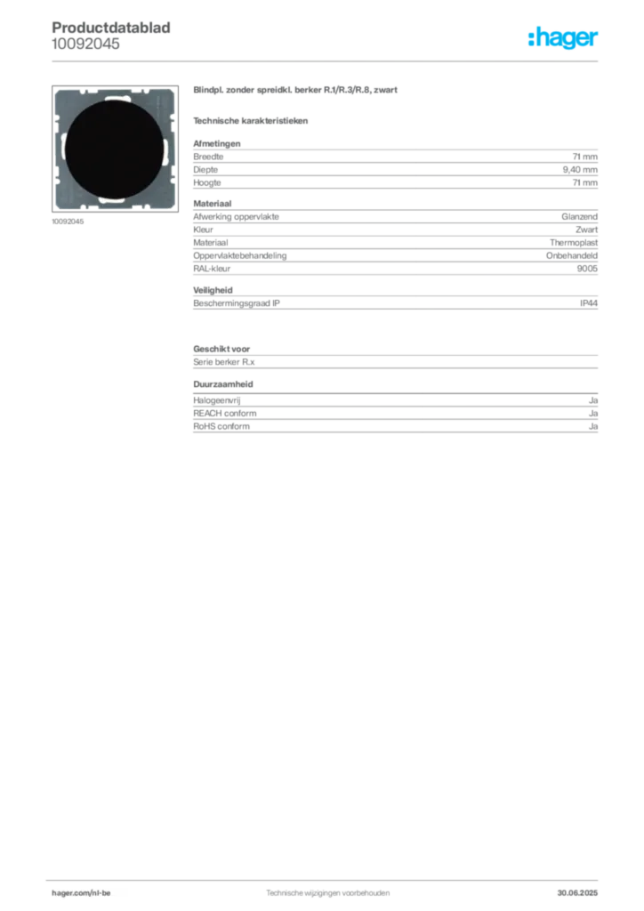 Afbeelding Hager Productdatablad 10092045 | Hager Belgium