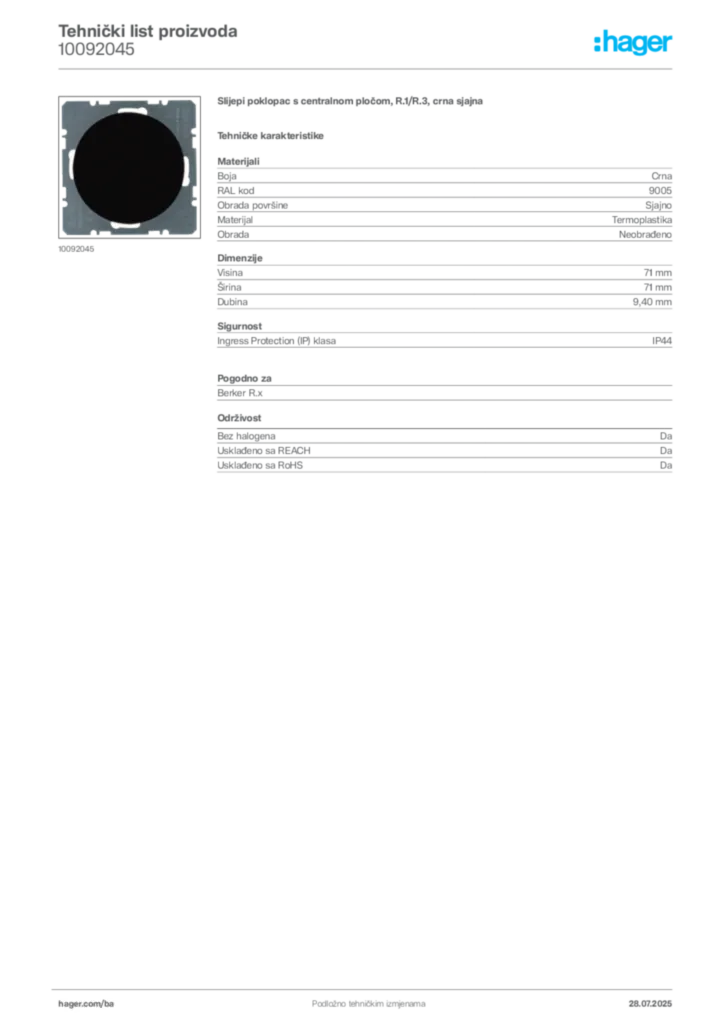 Slika Hager Product data sheet 10092045  | Hager