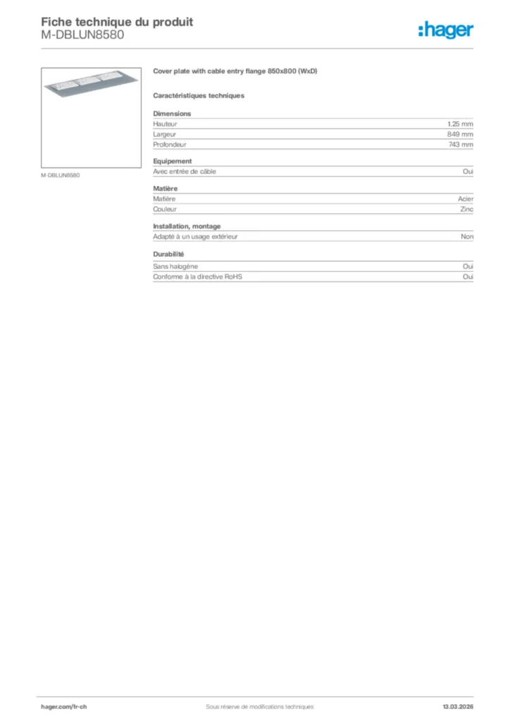 Image Hager Fiche technique du produit M-DBLUN8580 | Hager Suisse