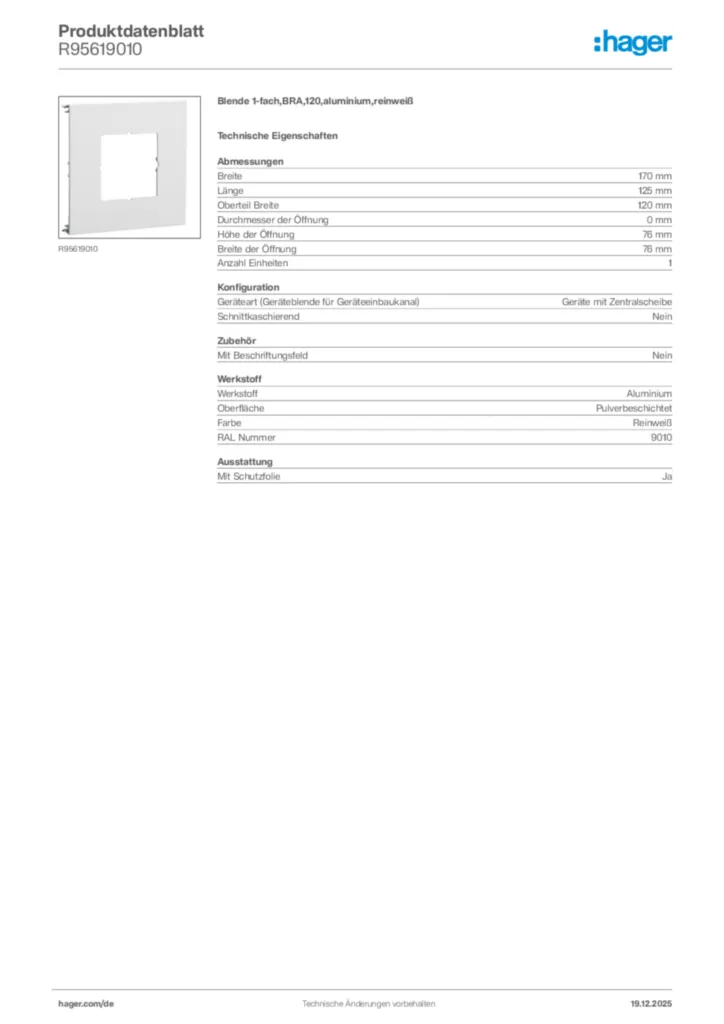 Bild Hager Produktdatenblatt R95619010 | Hager Deutschland