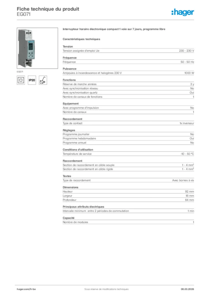 Image Hager Fiche technique du produit EG071 | Hager Belgique