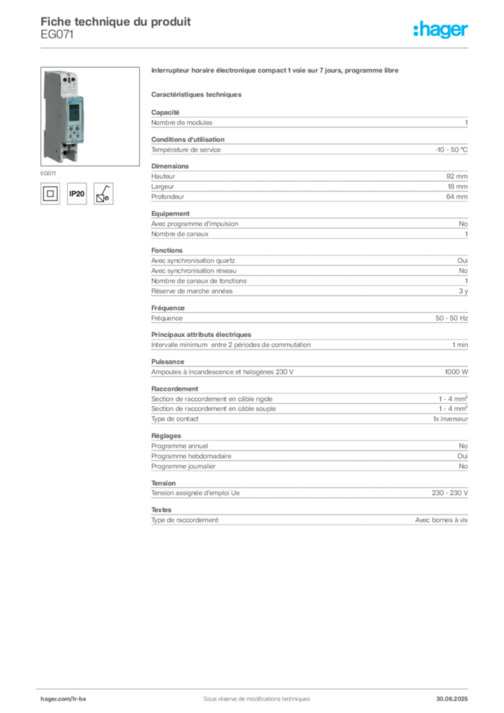 Image Hager Fiche technique du produit EG071 | Hager Belgique