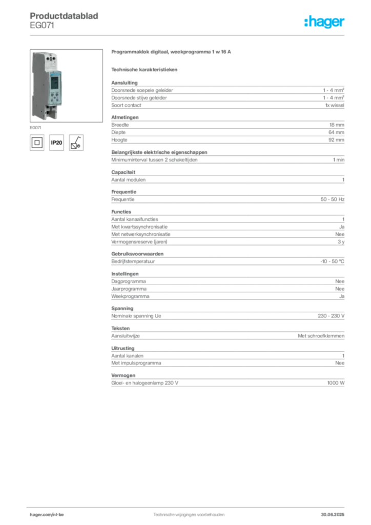 Afbeelding Hager Productdatablad EG071 | Hager Belgium