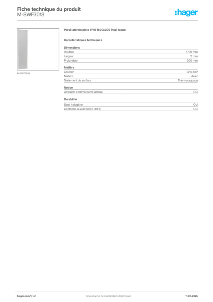 Image Hager Fiche technique du produit M-SWF3018 | Hager Suisse