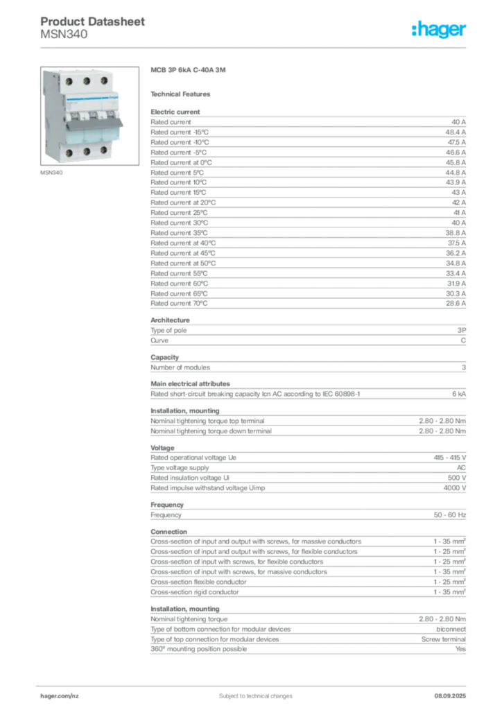 Image Hager Product data sheet MSN340  | Hager New Zealand