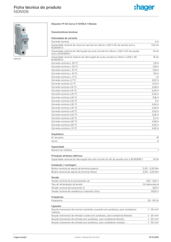 Imagem Hager Ficha técnica do produto NDN106 | Hager Portugal