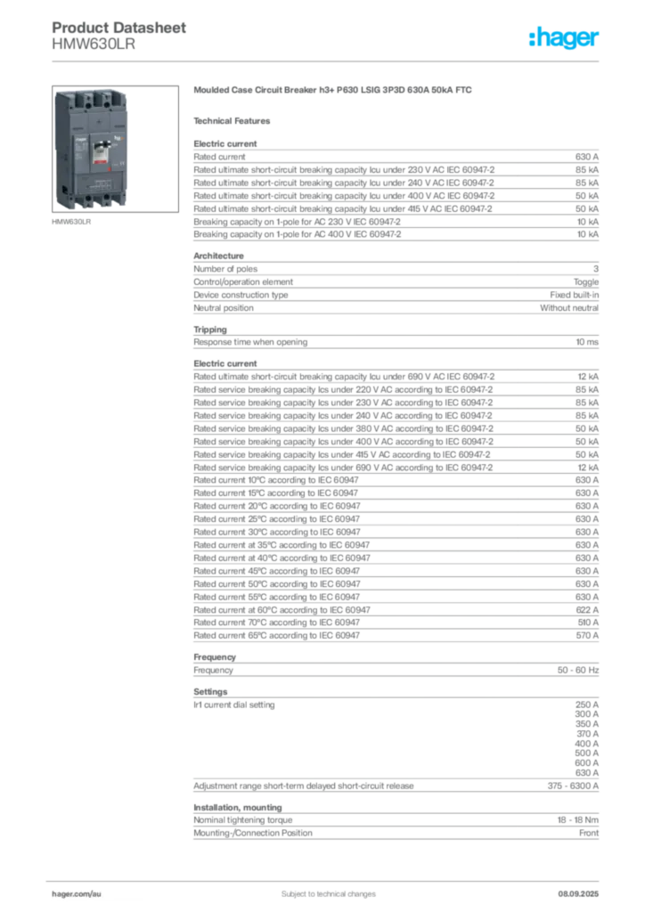 Image Hager Product data sheet HMW630LR  | Hager Australia