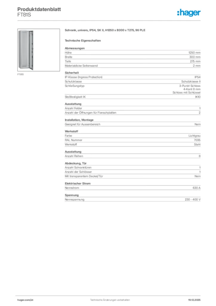 Bild Hager Produktdatenblatt FT81S | Hager Deutschland