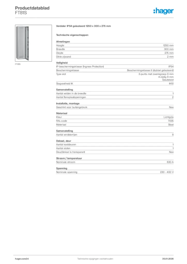 Afbeelding Hager Productdatablad FT81S | Hager Nederland