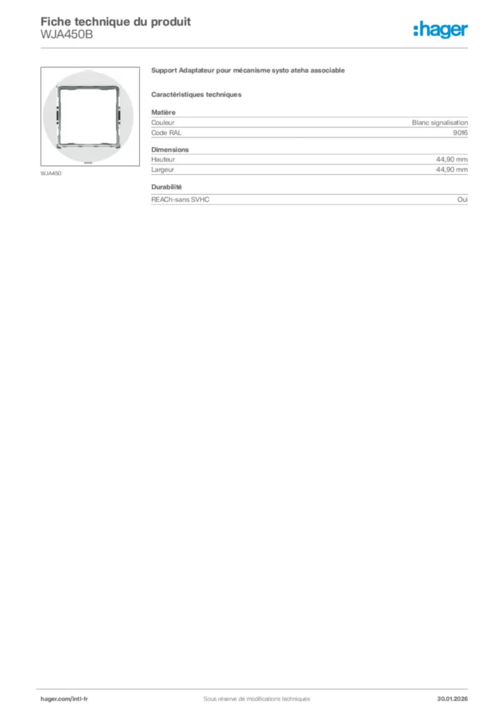 Image Hager Fiche technique du produit WJA450B | Hager Afrique