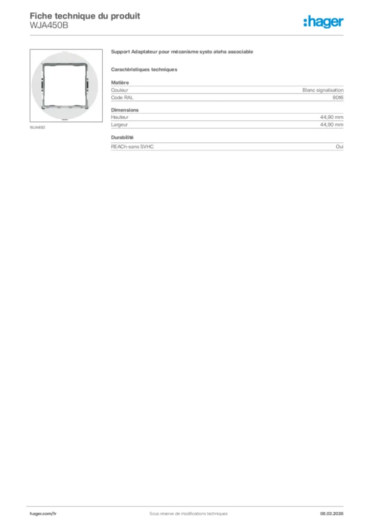 Image Hager Fiche technique du produit WJA450B | Hager France