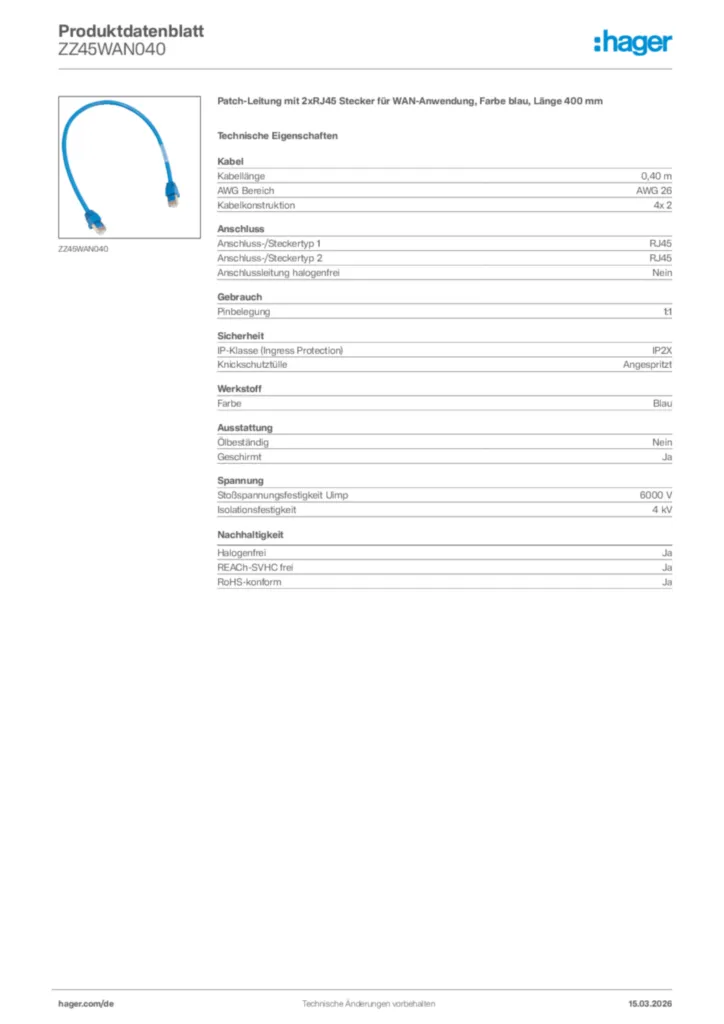 Bild Hager Produktdatenblatt ZZ45WAN040 | Hager Deutschland