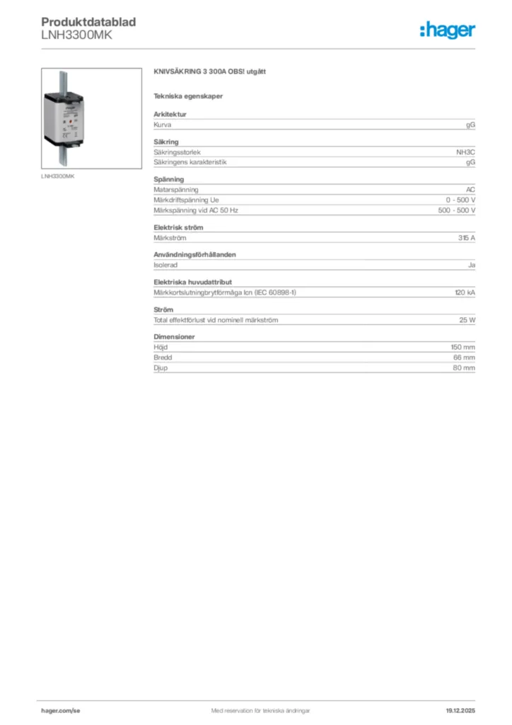 Bild Hager Produktdatablad LNH3300MK | Hager Sverige