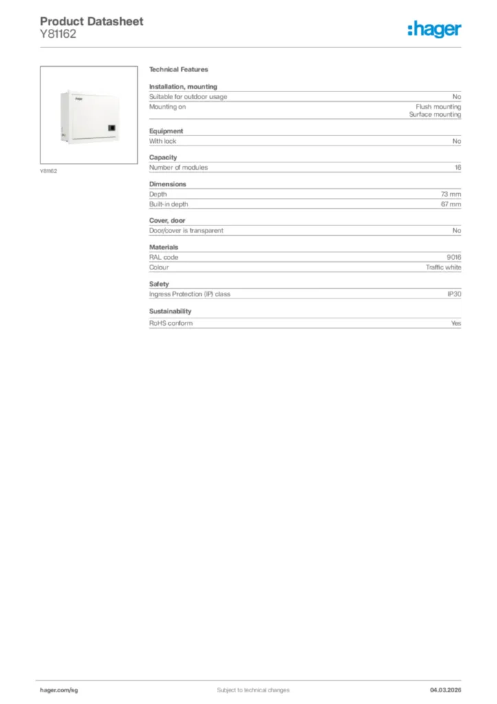 Image Hager Product data sheet Y81162  | Hager