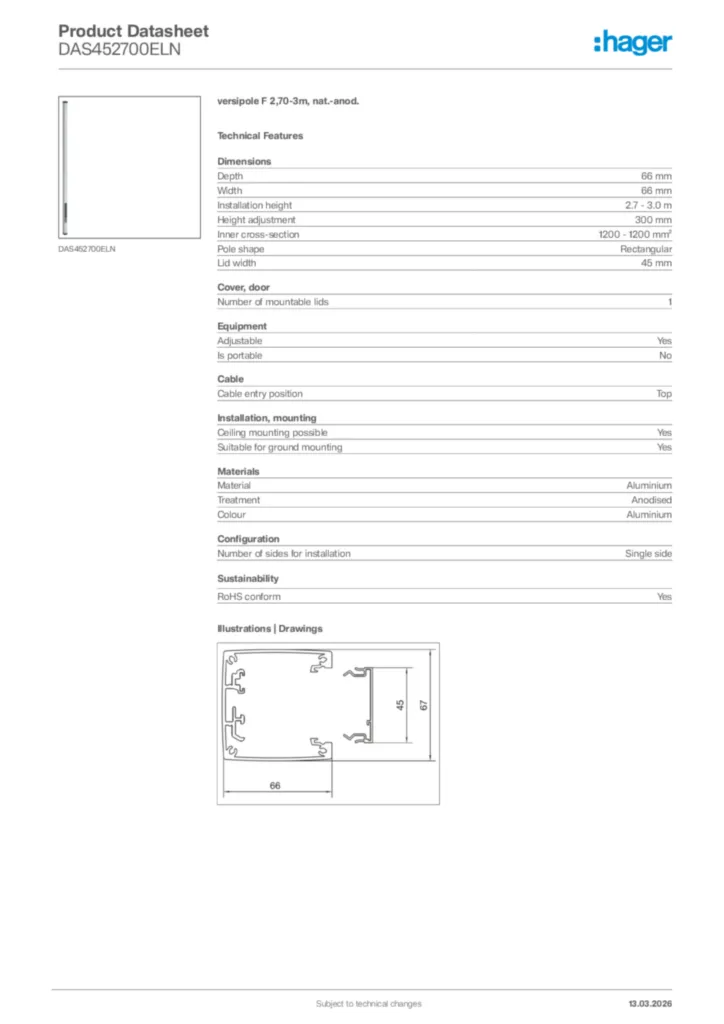 Image Hager Product data sheet DAS452700ELN  | Hager Africa